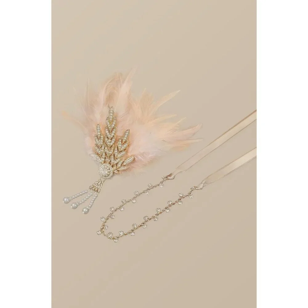 Art Deco Pearl Headband Flapper Gatsby Inspired Feather Crystal Adornment